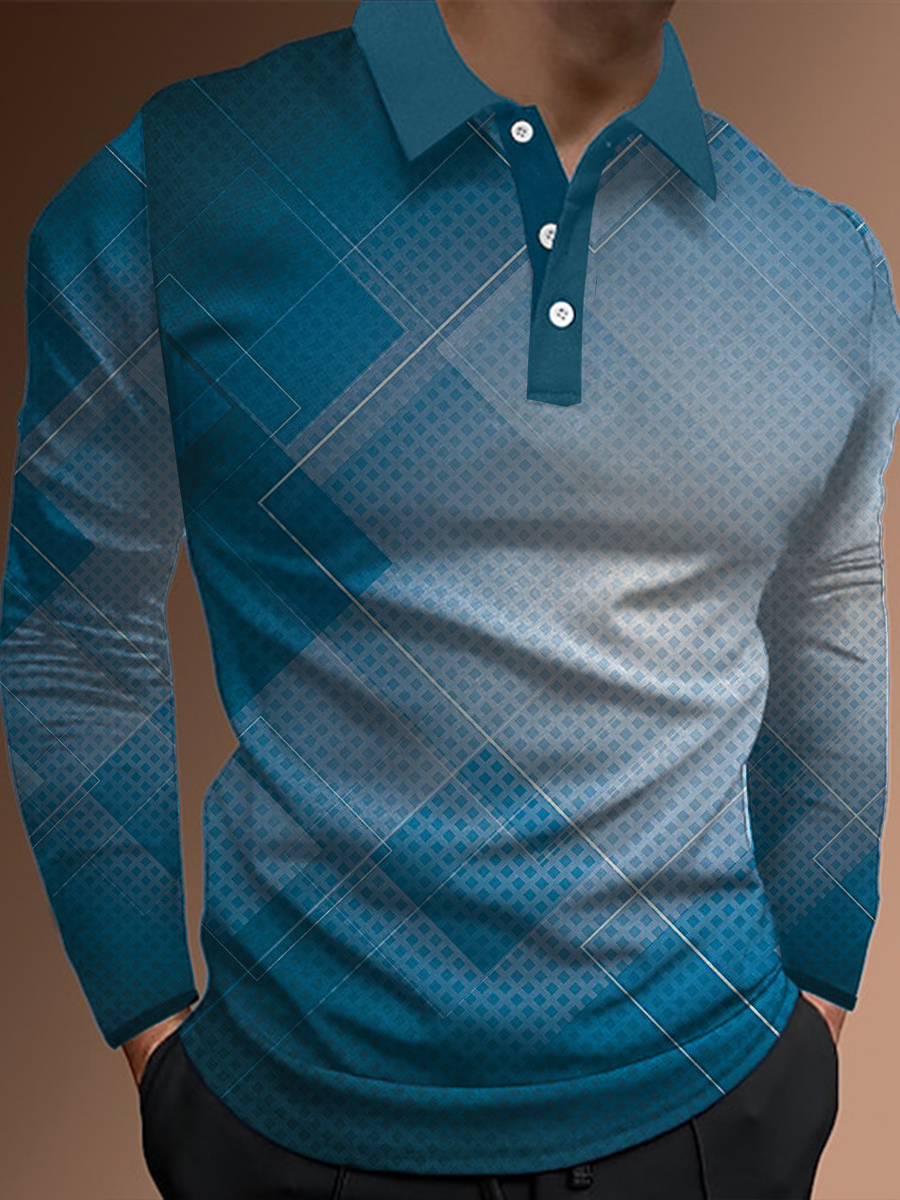 Men's Polo Shirt Abstract Geometry Print Casual Long-Sleeved Polo Shirt