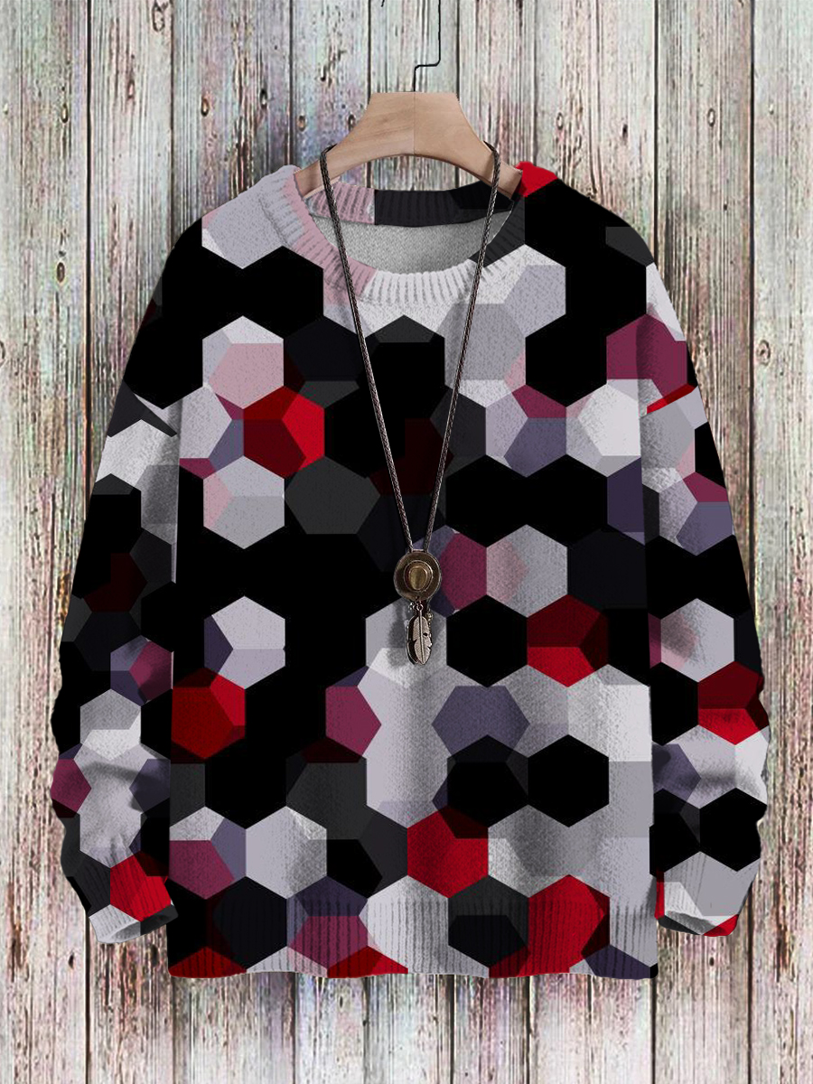 Men's Sweater Hexagon Print Casual Knit Sweatshirt Sweater