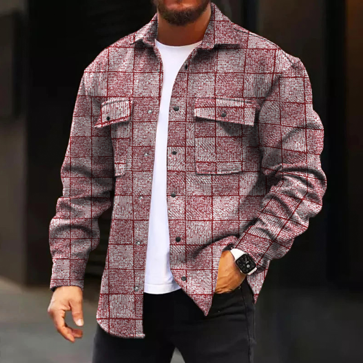 Men's Casual Jacket Fall Plaid Print Long Sleeve Pockets Jacket