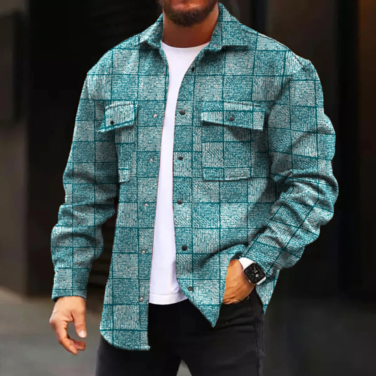 Men's Casual Jacket Fall Plaid Print Long Sleeve Pockets Jacket