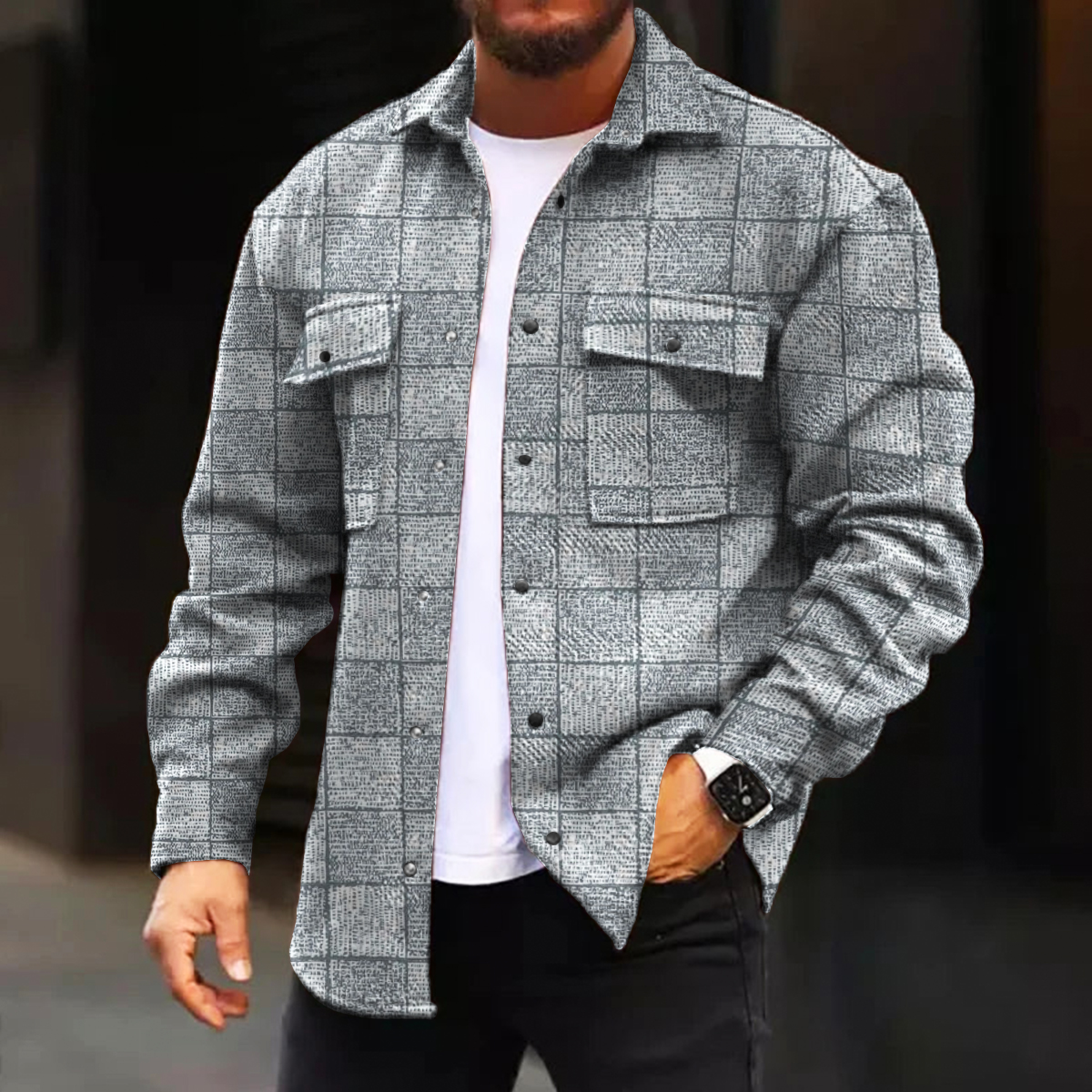 Men's Casual Jacket Fall Plaid Print Long Sleeve Pockets Jacket