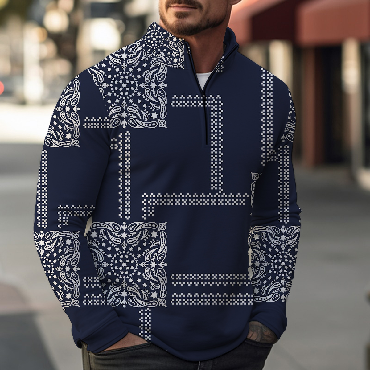 Vintage Pattern Casual Zip Long Sleeve Sweater