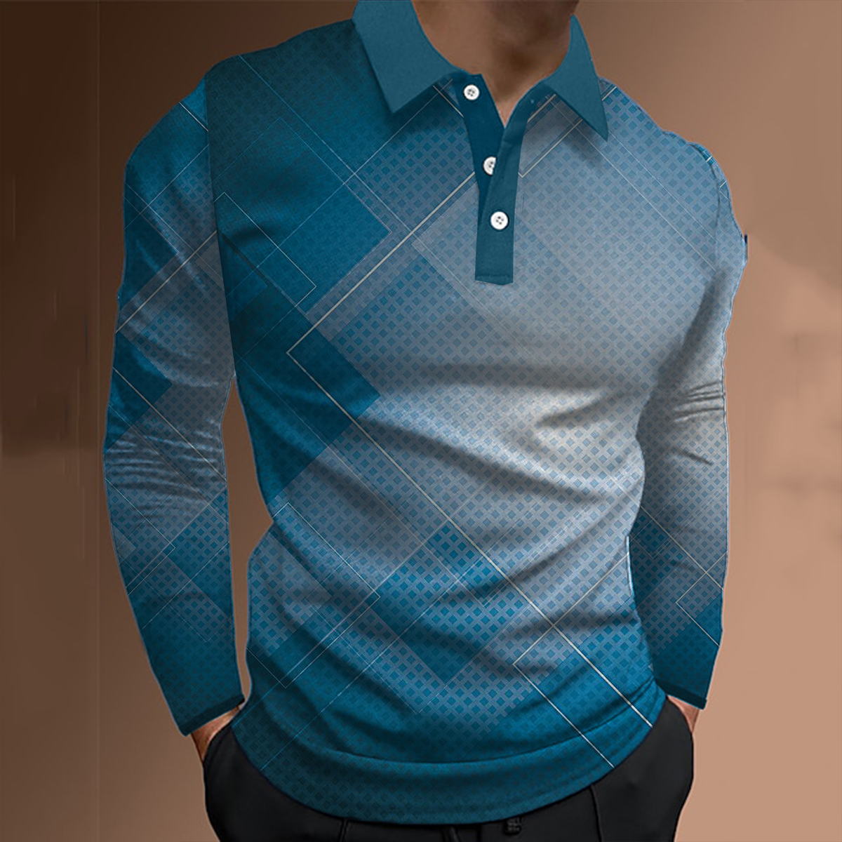 Men's Polo Shirt Abstract Geometry Print Casual Long-Sleeved Polo Shirt