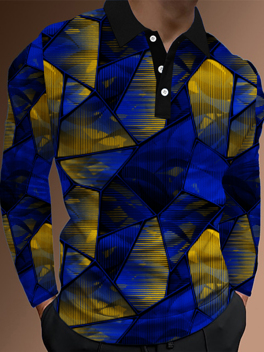 Men's Polo Shirt Irregular Geometry Print Casual Long-Sleeved Polo Shirt