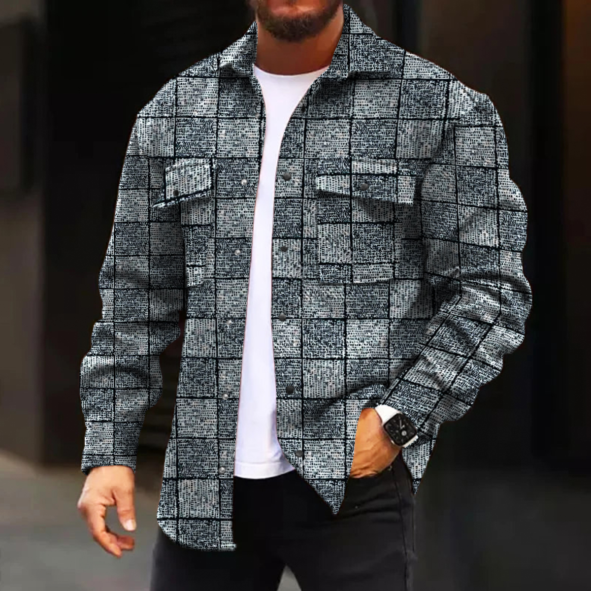 Men's Casual Jacket Fall Plaid Print Long Sleeve Pockets Jacket