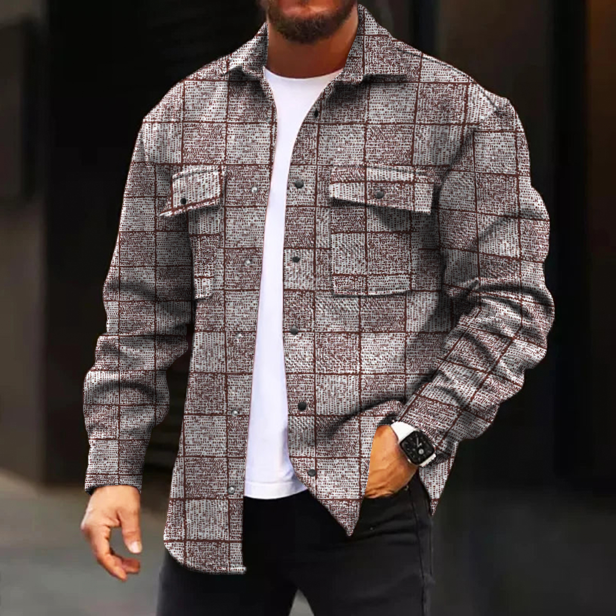 Men's Casual Jacket Fall Plaid Print Long Sleeve Pockets Jacket