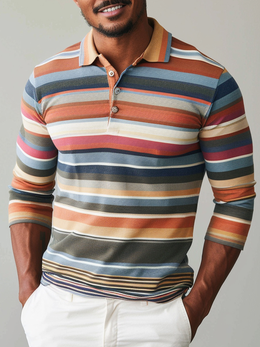 Men's Rainbow Stripes Long Sleeve Polo Shirt
