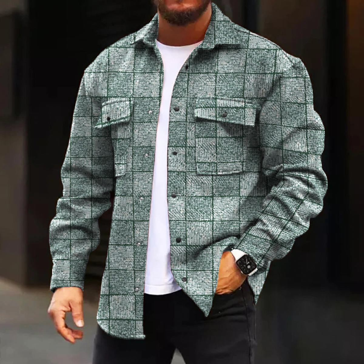 Men's Casual Jacket Fall Plaid Print Long Sleeve Pockets Jacket