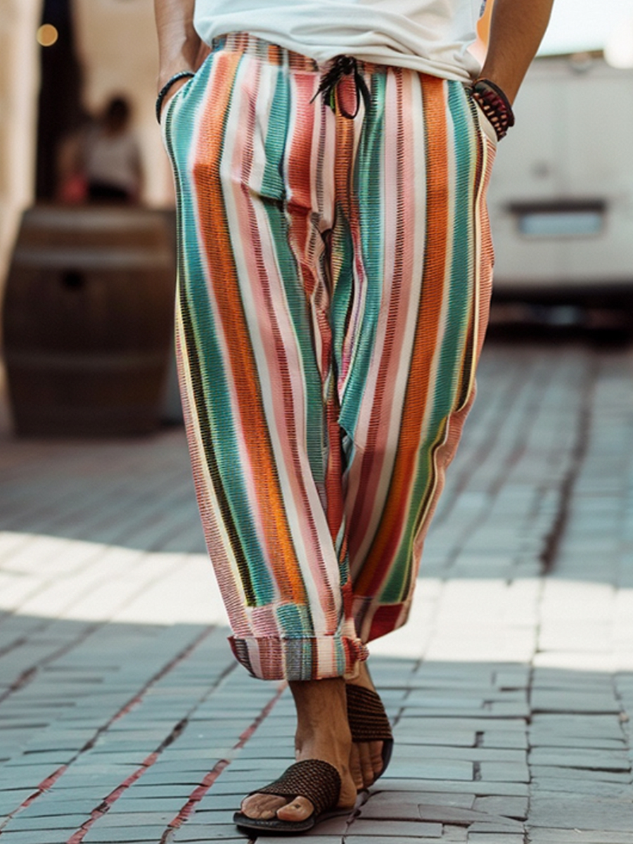 Men's Casual Vintage Rainbow Stripes Print Pants