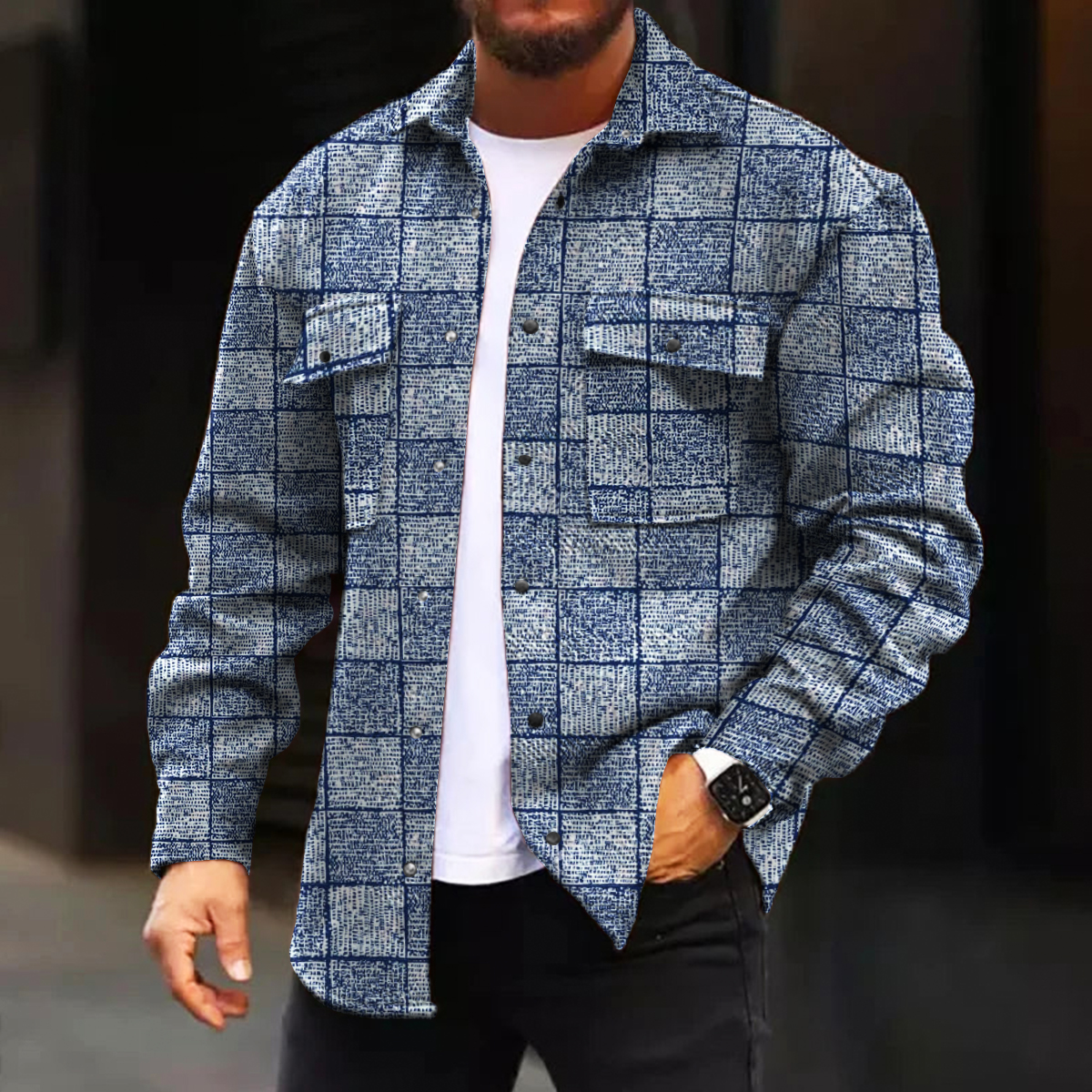 Men's Casual Jacket Fall Plaid Print Long Sleeve Pockets Jacket