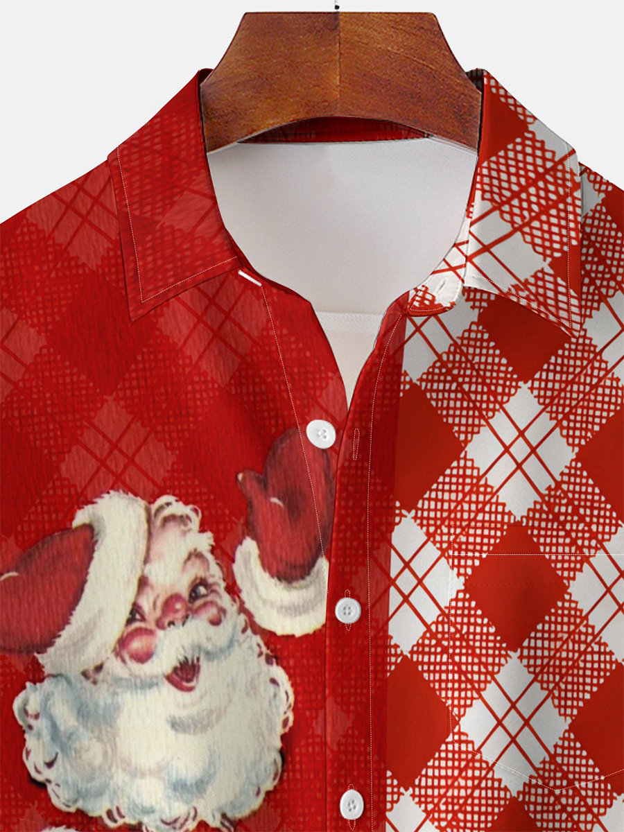 Moisture-wicking Christmas Santa Plaid Chest Pocket Casual Shirt