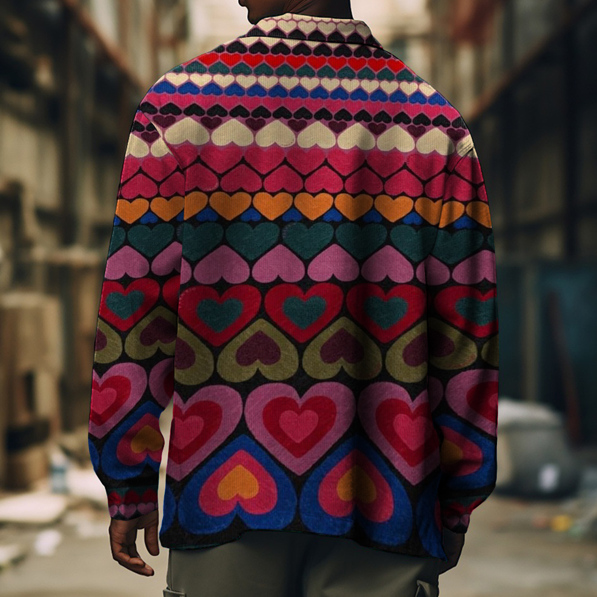 Men's Casual Jacket Vintage Heart Pattern Long Sleeve Pockets Valentine's Day Shirt Jacket