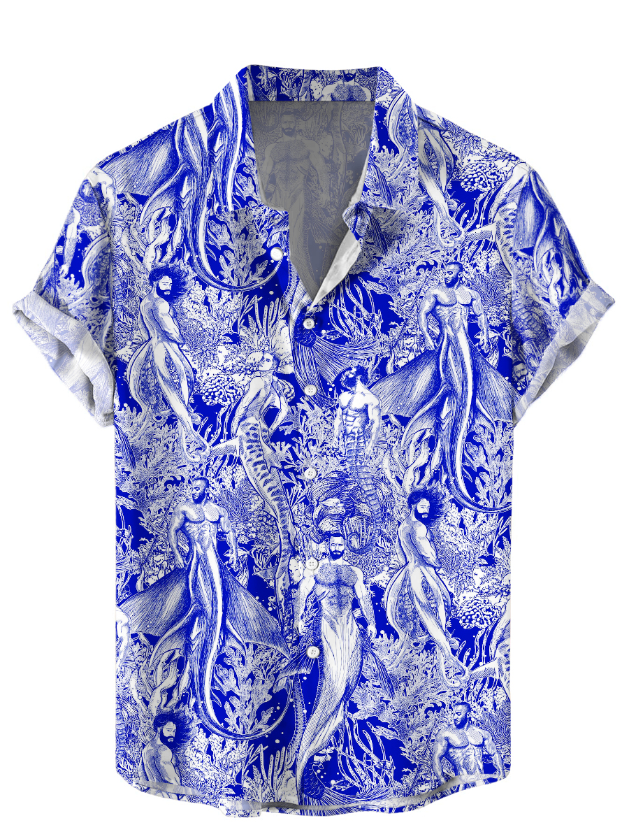 Men's Hawaiian Shirts Funny Merman Print Aloha Shirts