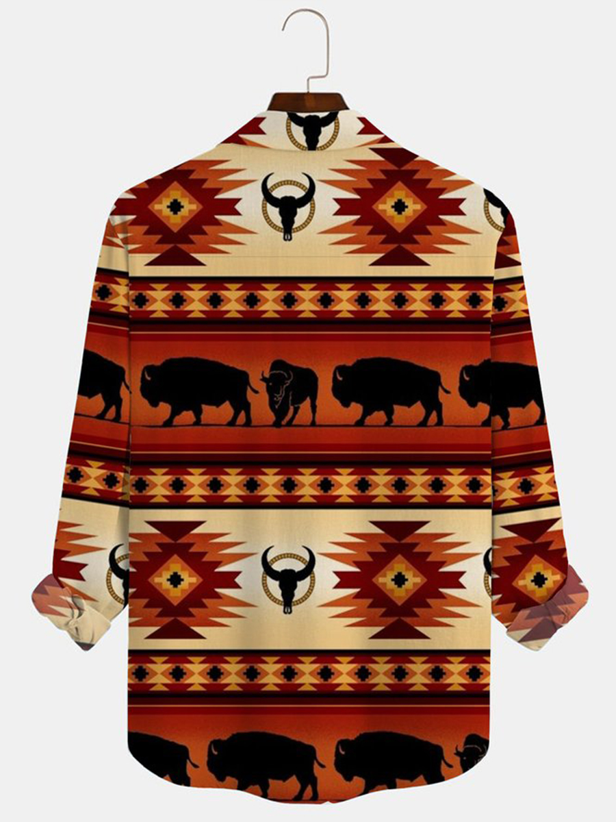 Men's Shirt Aztec Print Vintage Button Pocket Long Sleeve Shirt