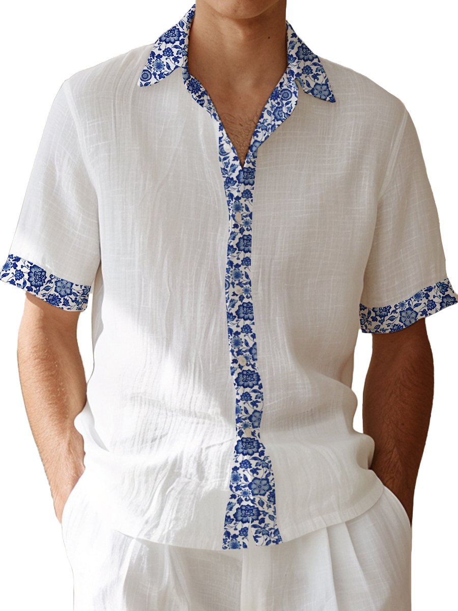 Men's Cotton-Linen Shirts Casual Natural Blue Flower Breathable Summer Lightweight Hawaiian Shirts