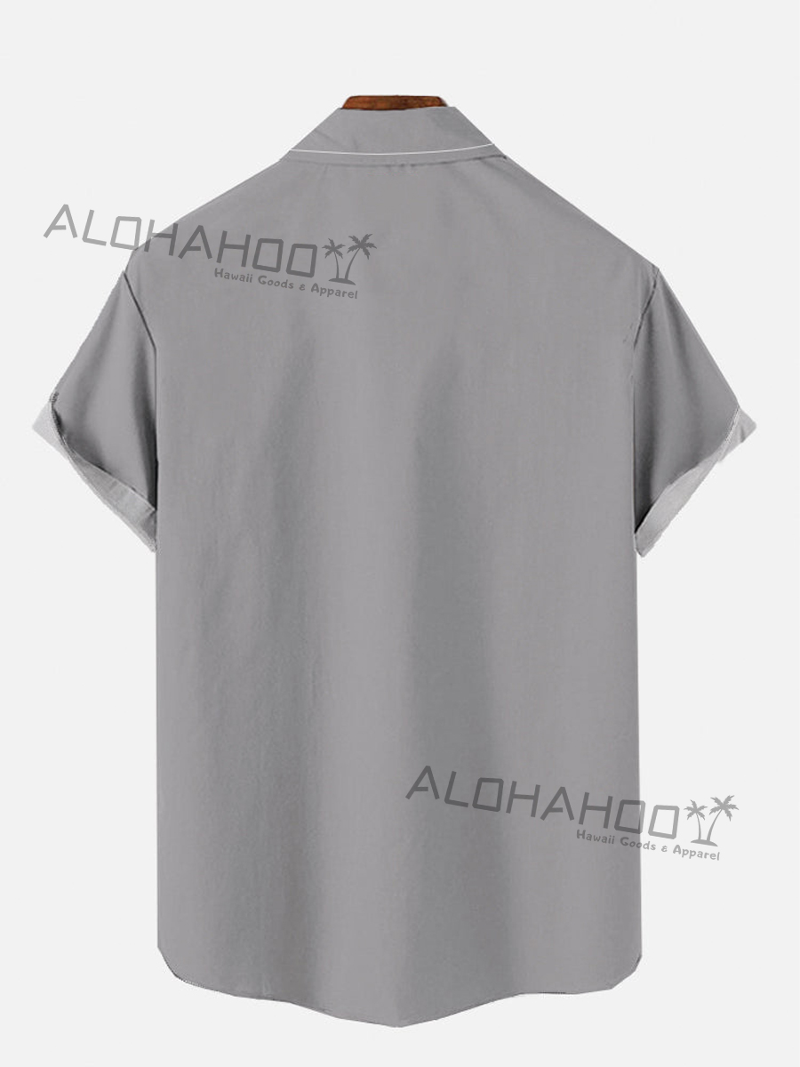 Retro Gray And White Stripes And Cartoon Bunny Breast Pocket Short Sleeve Shirt