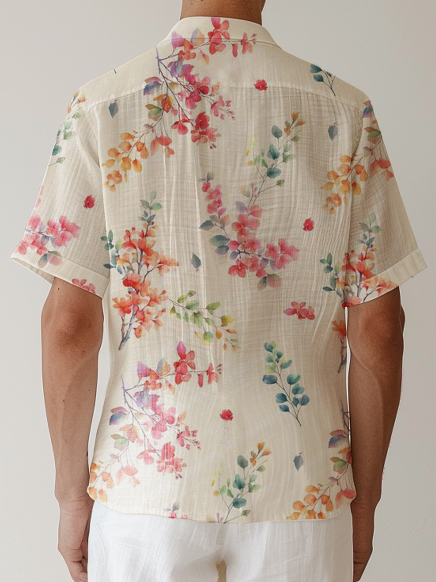 Men's Cotton-Linen Shirts Casual Watercolor Floral Breathable Summer Lightweight Shirts
