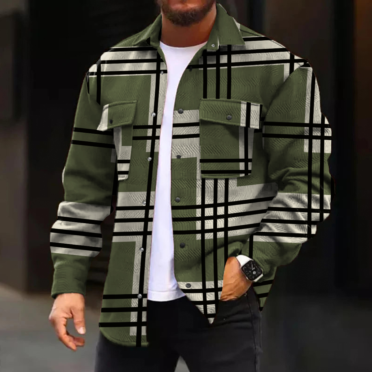 Men's Casual Jacket Retro Plaid Print Long Sleeve Pockets Shirt Jacket