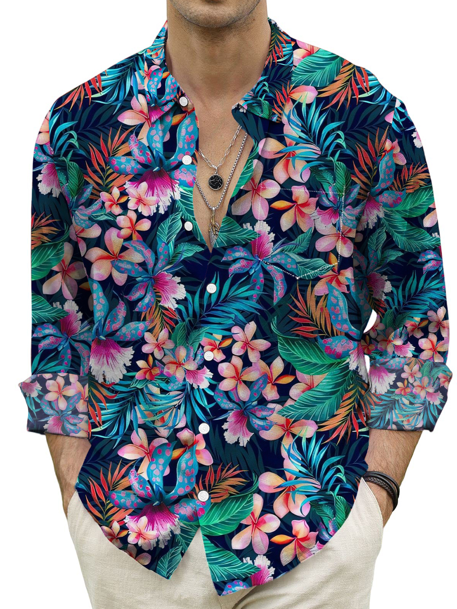 Tropical Flowers Print Long Sleeve Hawaiian Shirt