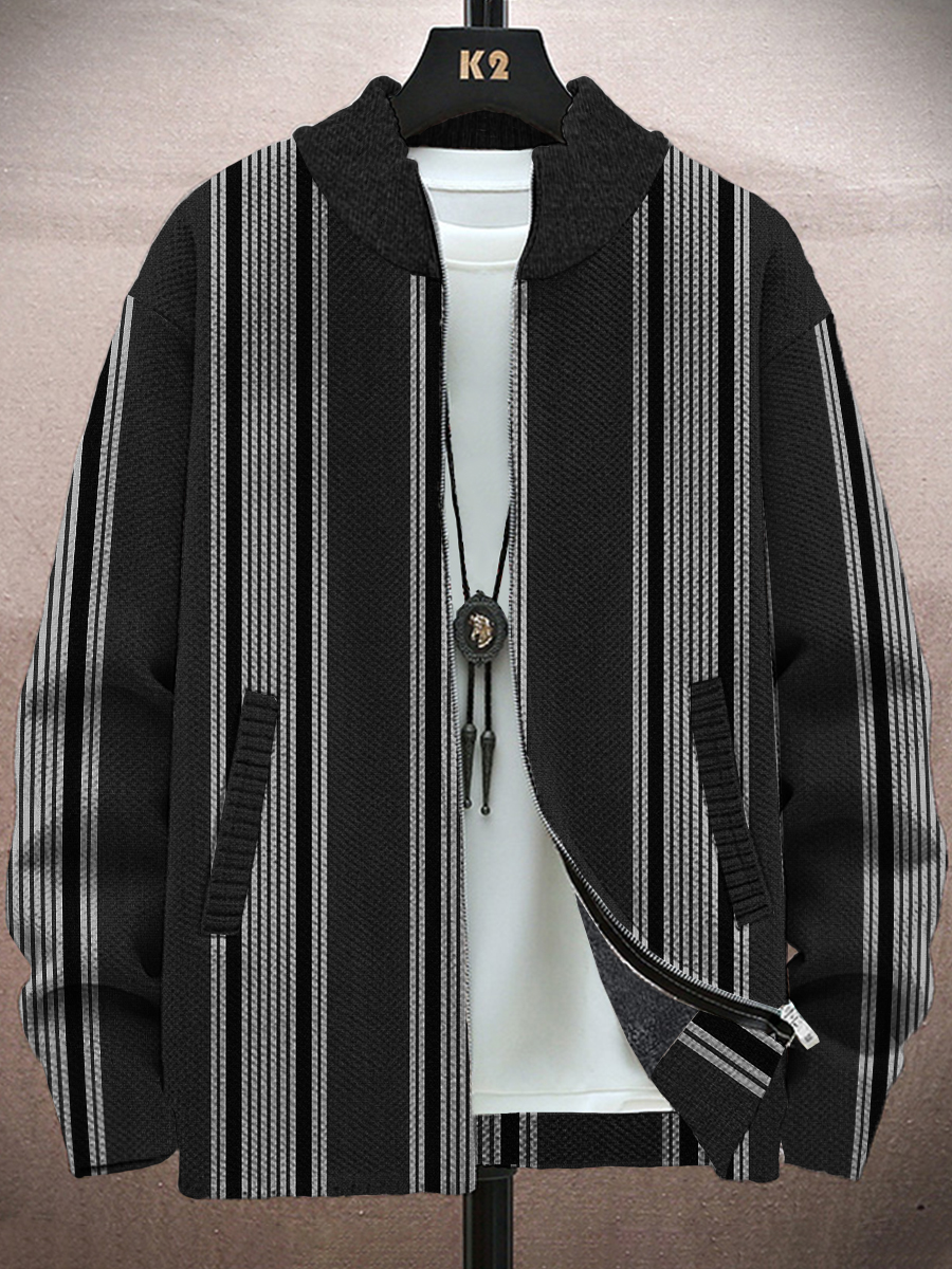 Men's Jacket Vintage Basics Stripes Print Long-Sleeved Zip Cardigan Jacket
