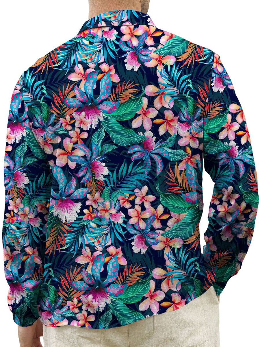 Tropical Flowers Print Long Sleeve Hawaiian Shirt