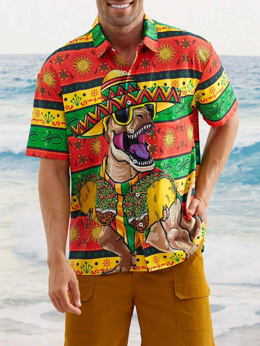 Dinosaur Cinco De Mayo Chest Pocket Short Sleeve Shirt