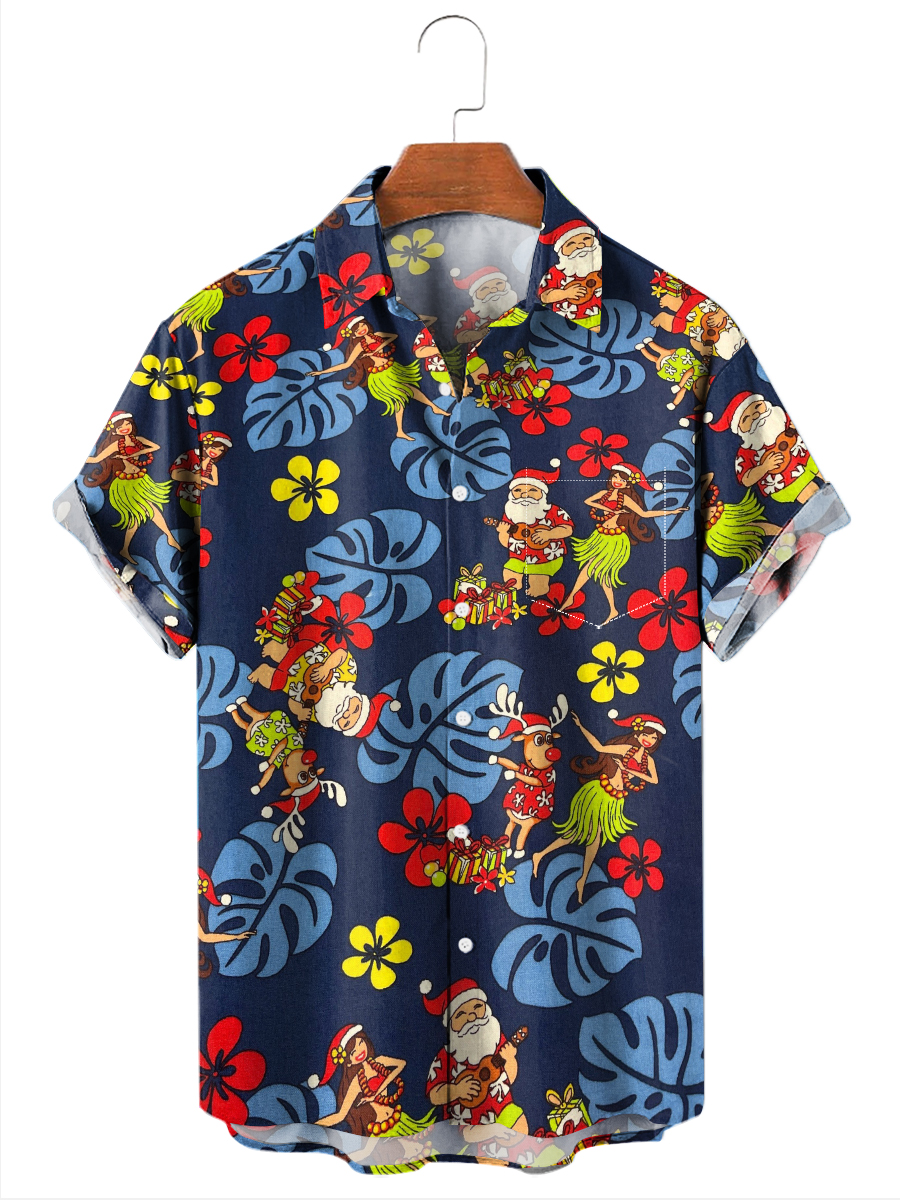 Men's Hawaiian Shirts Santa With Hula Girls Print Aloha Shirts