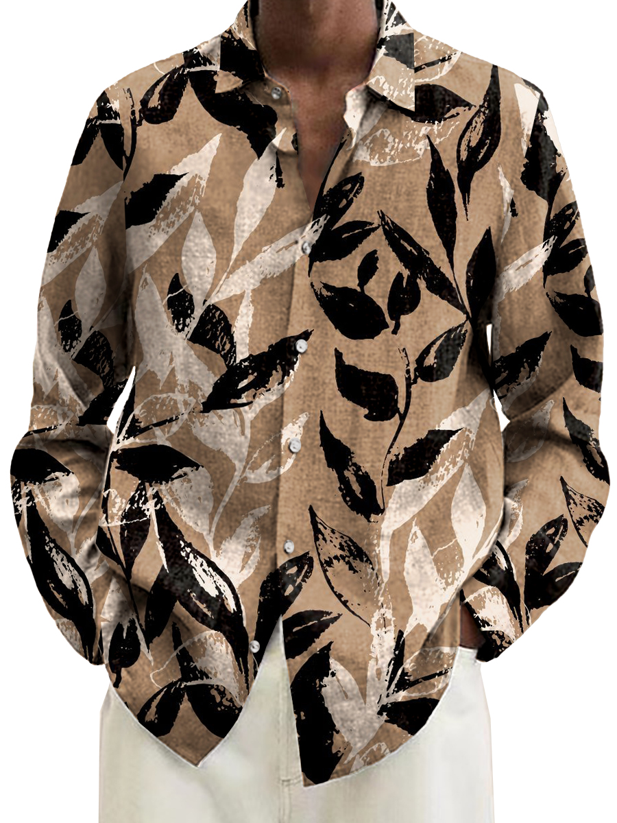 Men's Shirt Retro Leaves Print Casual Vacation Oversized Long Sleeve Shirt