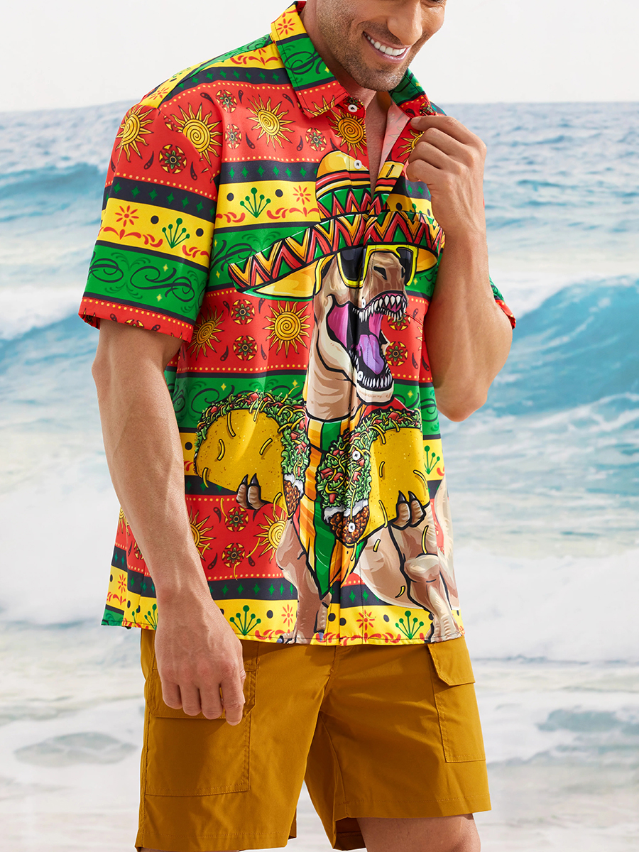 Dinosaur Cinco De Mayo Chest Pocket Short Sleeve Shirt