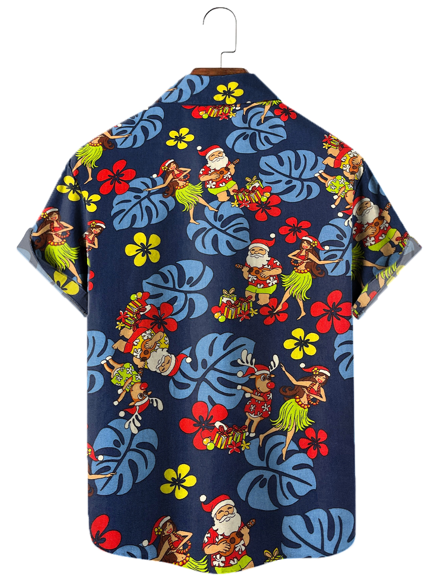 Men's Hawaiian Shirts Santa With Hula Girls Print Aloha Shirts