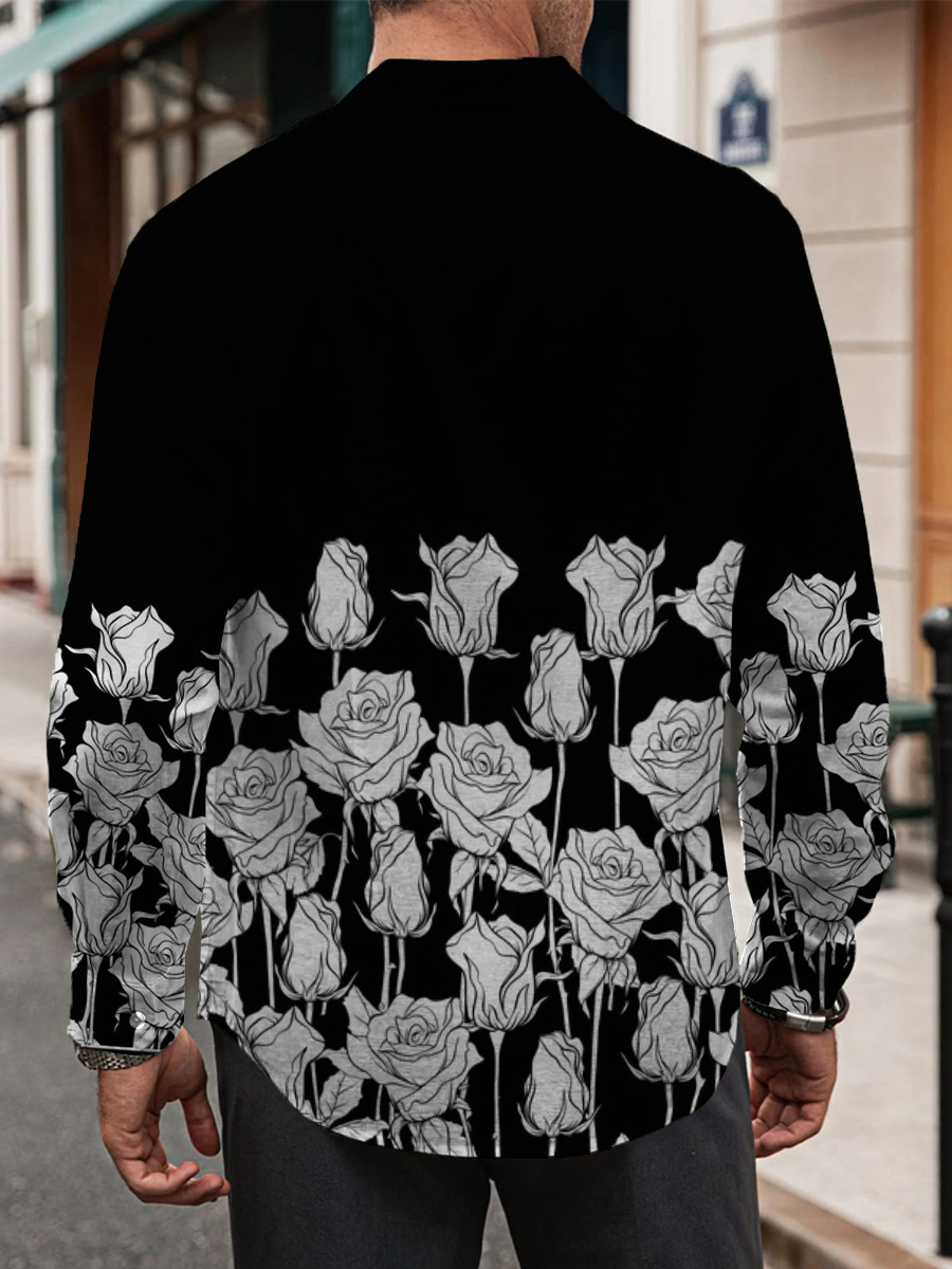 Retro Rose Print Long Sleeve Hawaiian Shirt