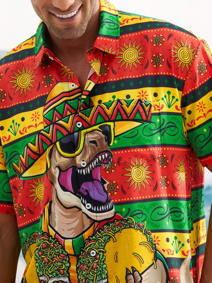 Dinosaur Cinco De Mayo Chest Pocket Short Sleeve Shirt