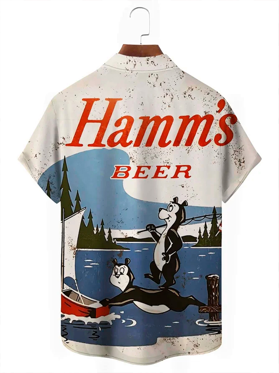 50's Retro Beer Movie Men's Hawaiian Shirts Fun Cartoon Bear Stretch Aloha Camp Pocket Shirts