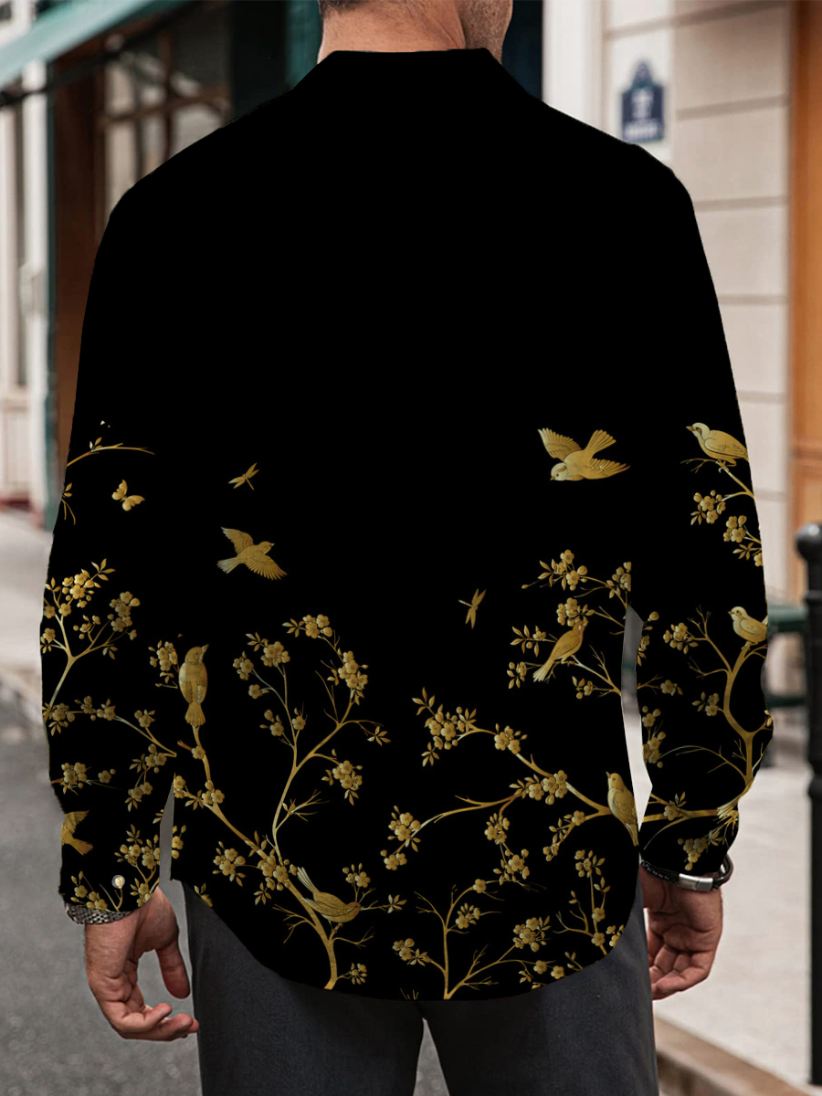 Retro Golden Art Print Long Sleeve Hawaiian Shirt
