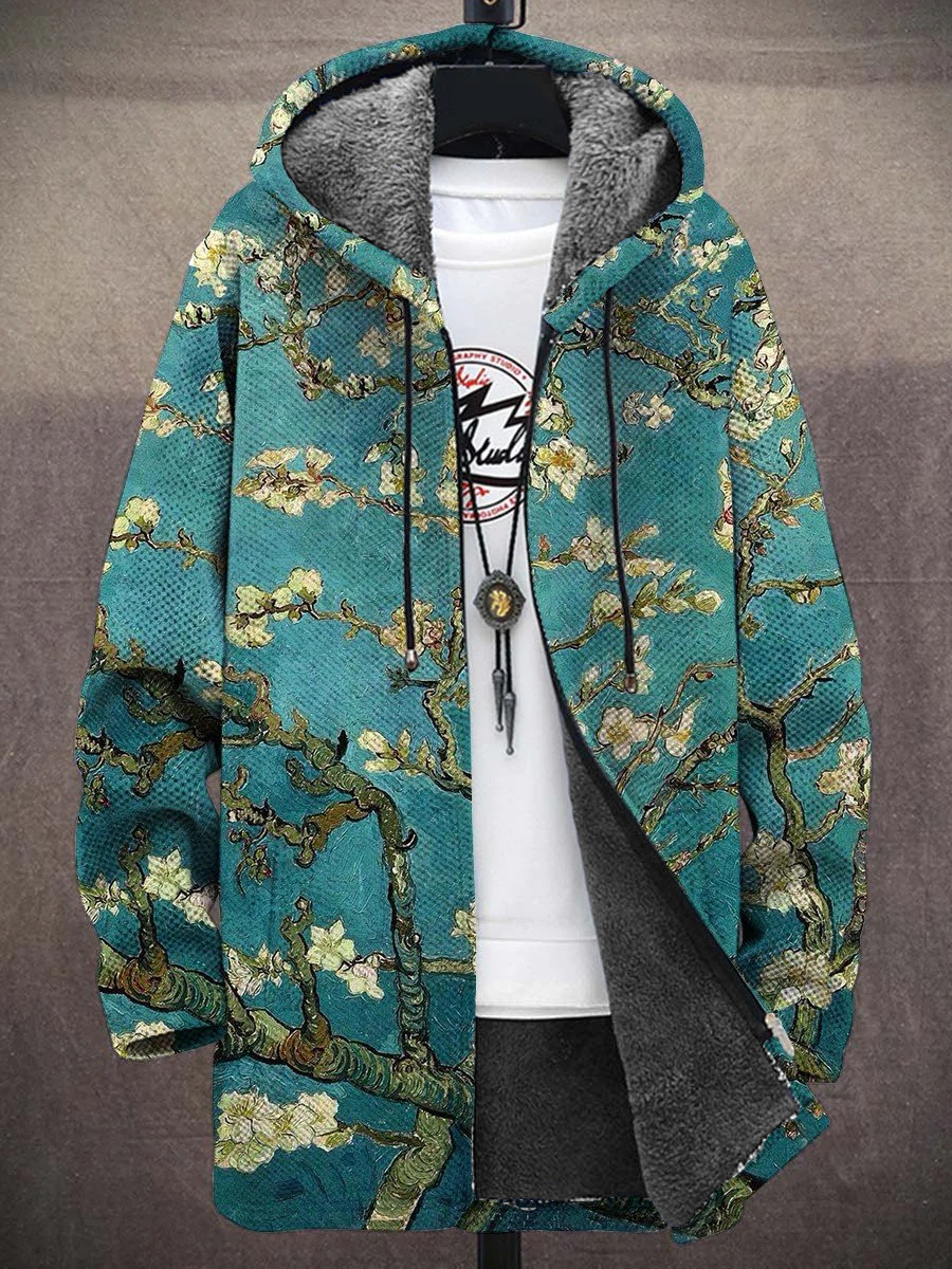 Men's Art Van Gogh Apricot Blossom Print Hooded Two-Pocket Fleece Cardigan Jacket