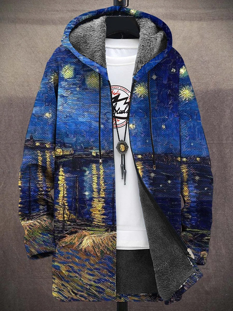 Men's Art Van Gogh Painting Print Hooded Two-Pocket Fleece Cardigan Jacket