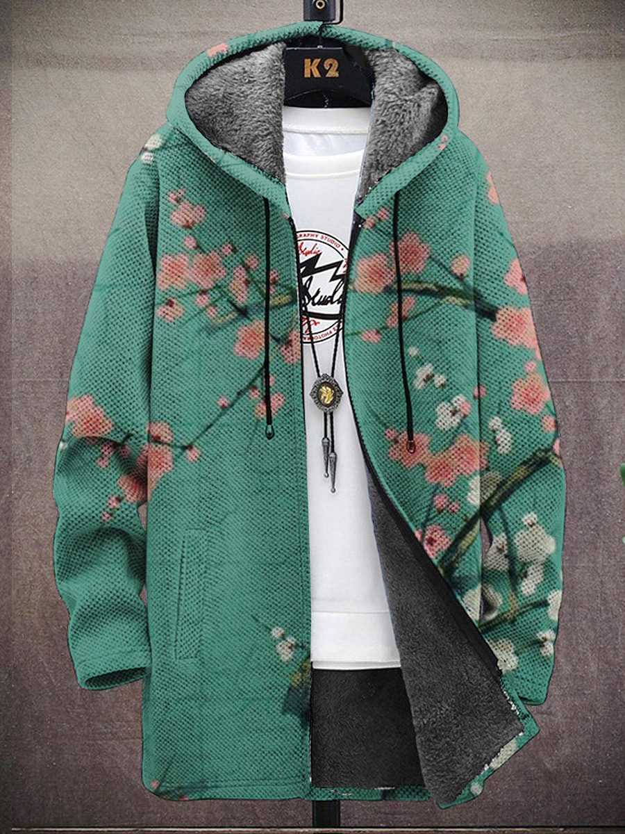 Men's Art Plum Print Hooded Two-Pocket Fleece Cardigan Jacket