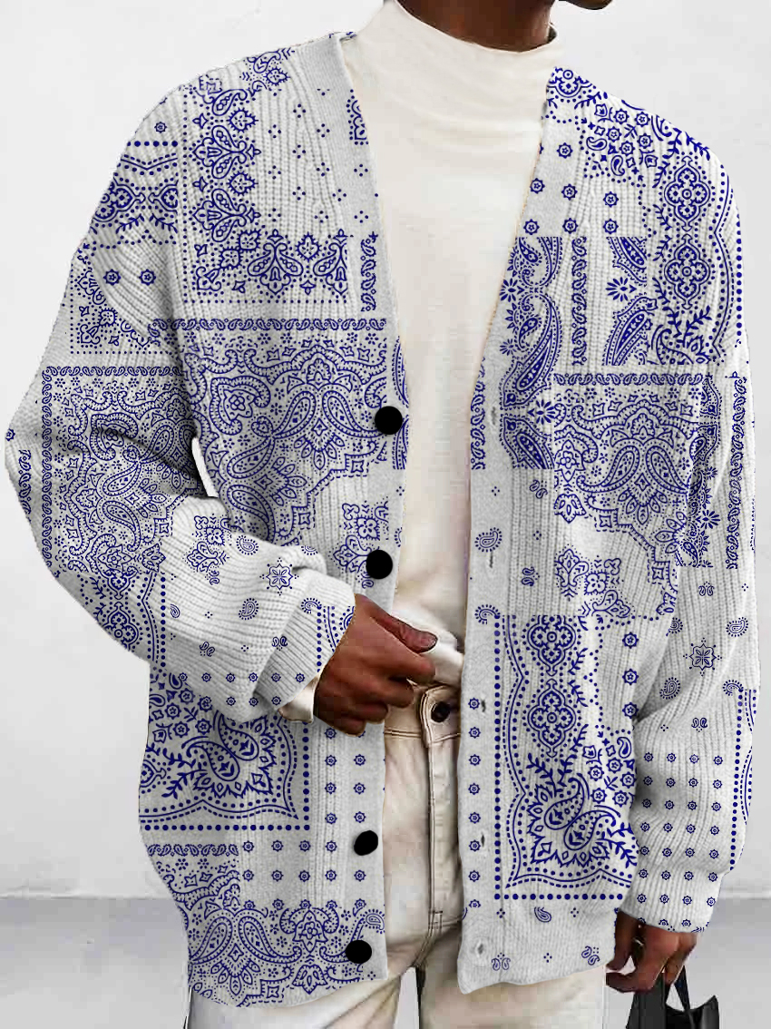 Men's Stylish Paisley Pattern Print Buttoned Cardigan Sweater