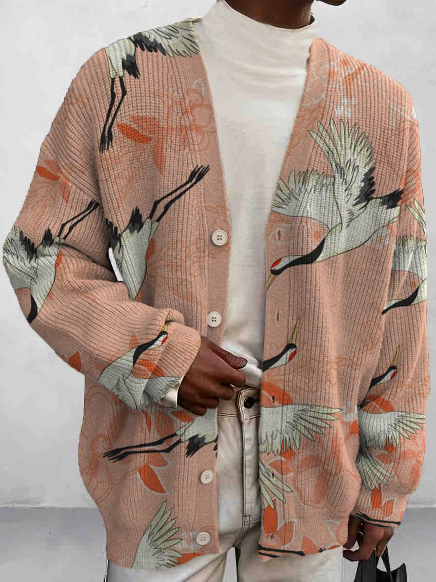 Men's Crane Art Print Buttoned Cardigan Sweater