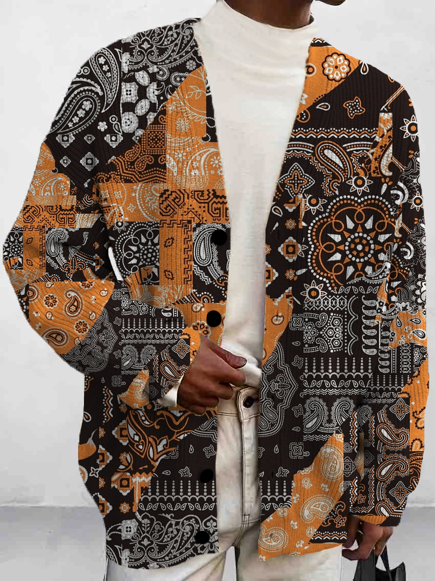 Men's Stylish Art Splicing Paisley Pattern Print Buttoned Cardigan Sweater