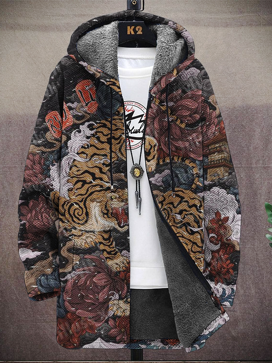 Men's Retro Painting Two Tigers Print Hooded Two-Pocket Fleece Cardigan Jacket