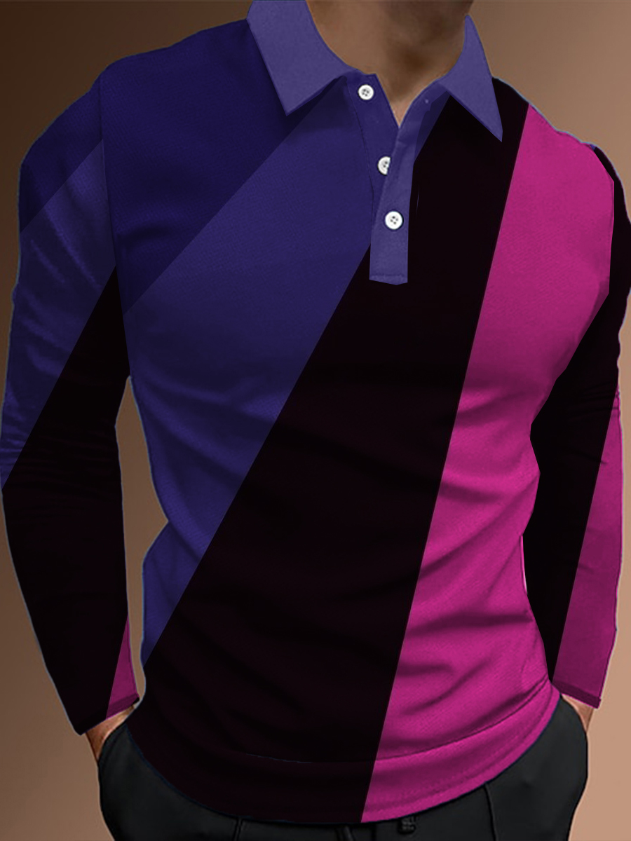 Men's Polo Shirt Colorful Stripe Print Casual Long-Sleeved Polo Shirt
