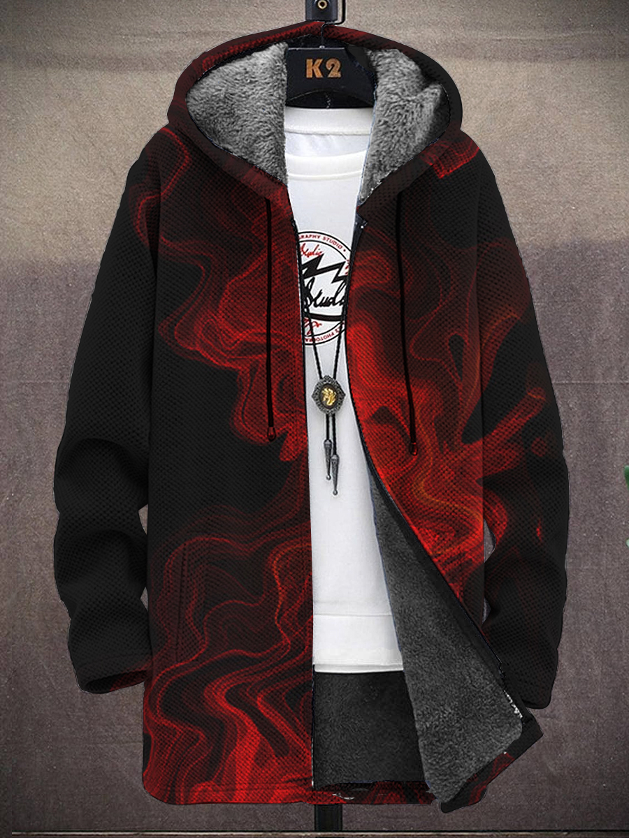 Men's Art Red Flame Print Hooded Two-Pocket Fleece Cardigan Jacket