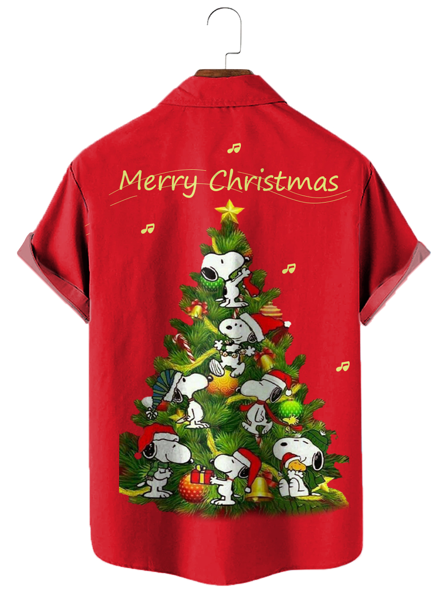 Men's Christmas Vacation Short Sleeve Shirts Snoopy Tree Print Aloha Shirts