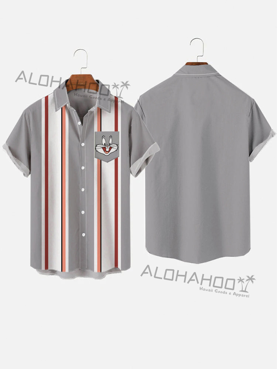 Retro Gray And White Stripes And Cartoon Bunny Breast Pocket Short Sleeve Shirt