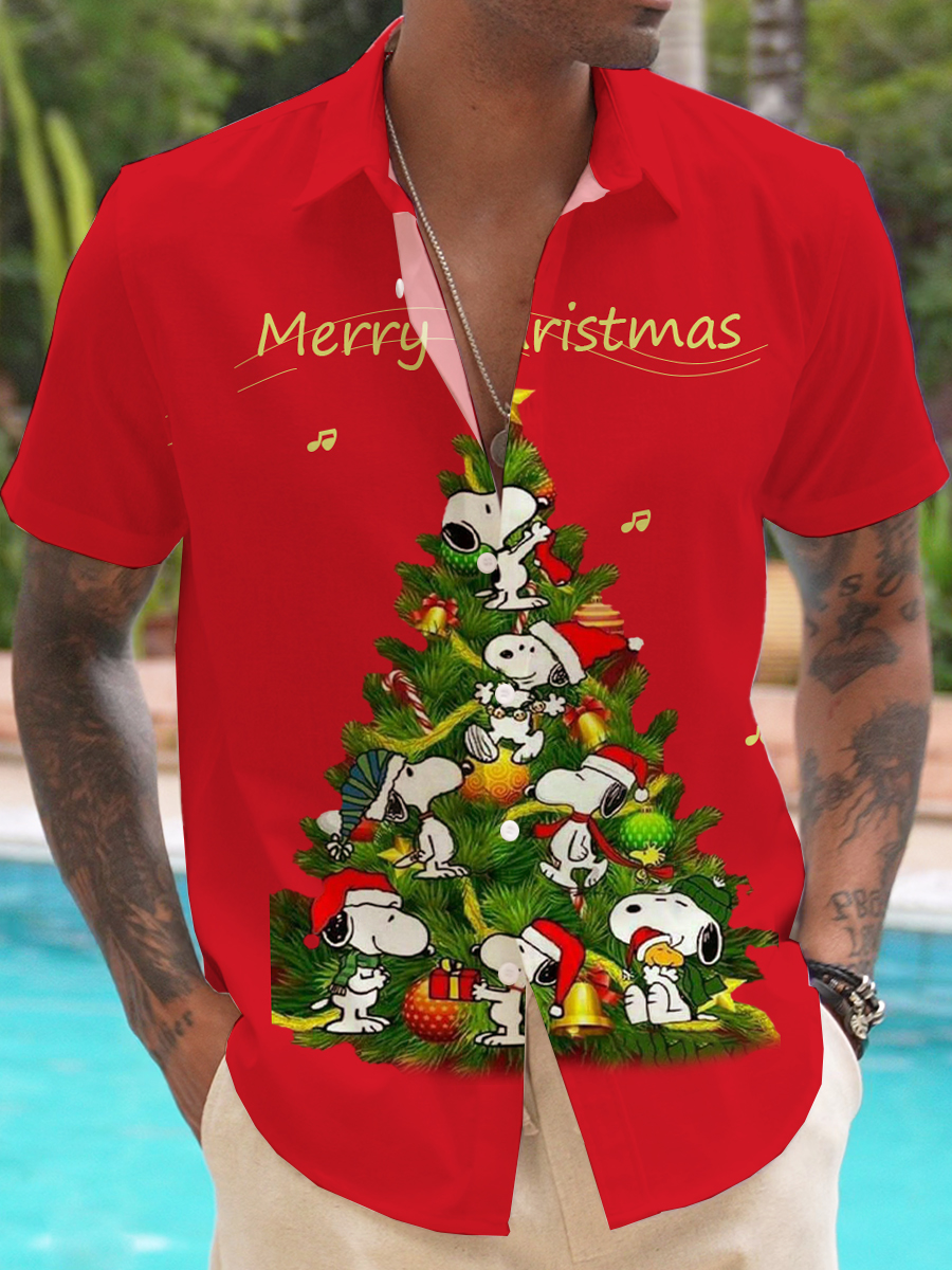 Men's Christmas Vacation Short Sleeve Shirts Snoopy Tree Print Aloha Shirts