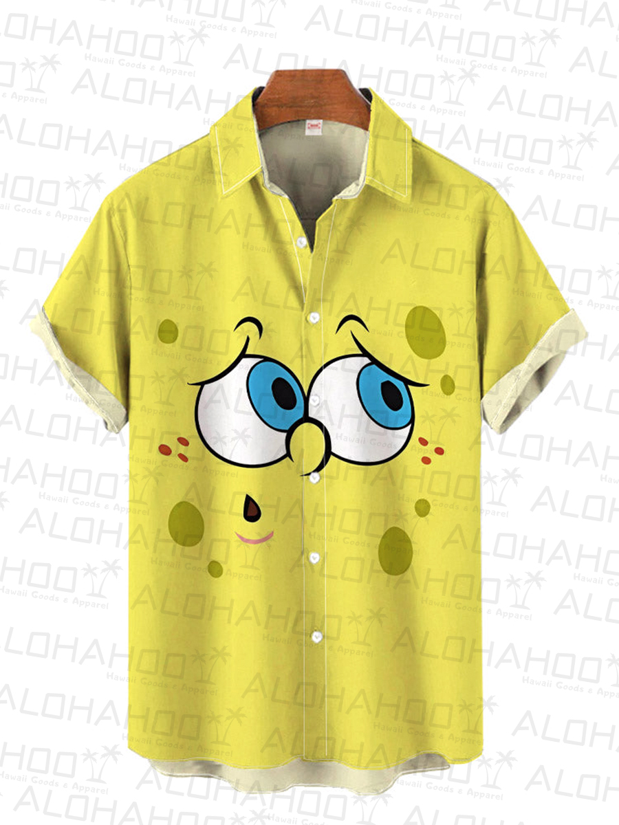 Classic Yellow Sponge Cartoon Character Cartoon Costume Print Short Sleeve Shirt