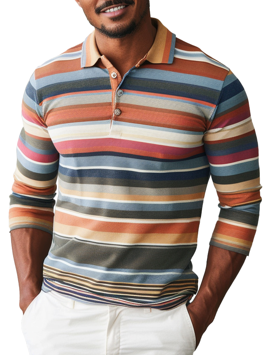 Men's Rainbow Stripes Long Sleeve Polo Shirt
