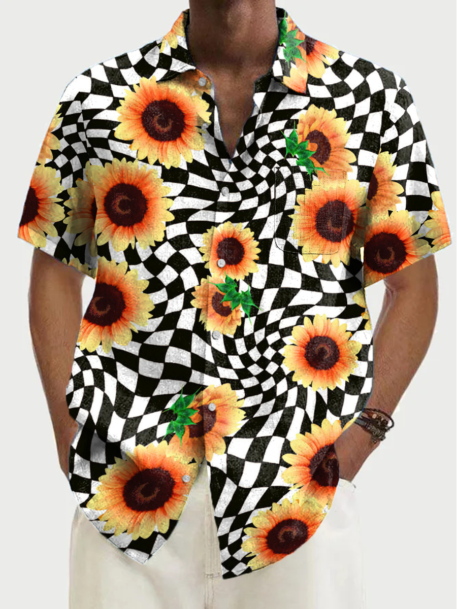 Hawaiian Sunflower Plaid Pattern Short Sleeve Shirt