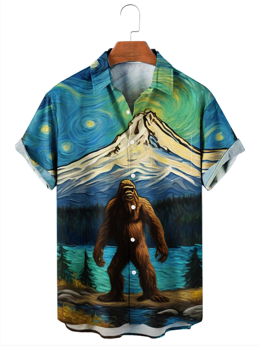 Starry Mount Fuji Bigfoot Art Print Short Sleeves Hawaiian Shirt